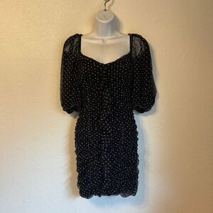 Zara Polka Dot Mesh Ruched Puff Sleeve Mini Dress Large